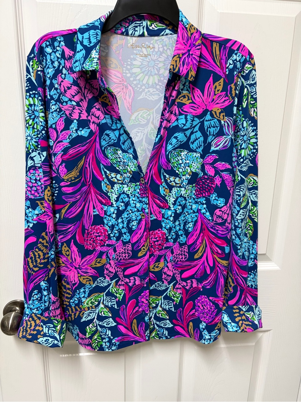 Lilly Pulitzer Navy Button-Down Shirt with Pink & Blue Floral Print